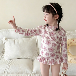 宝宝可爱小碎花速干泳装 韩国ins儿童泳衣女童长袖 防晒分体游泳装