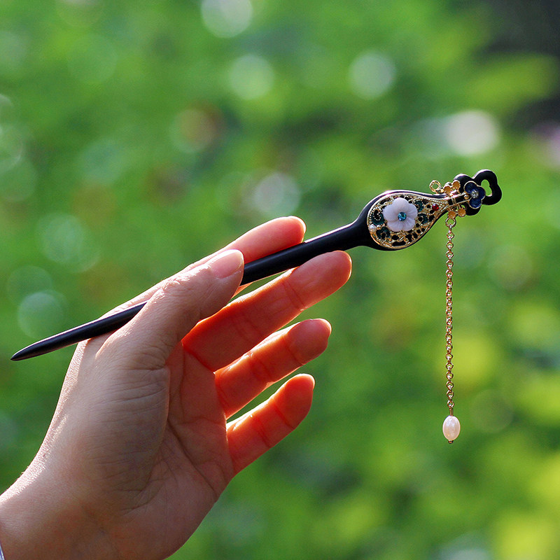 古典中国风珠花流苏步摇黑檀木发簪高级感古风木簪子中式发插头饰