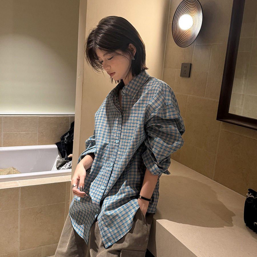 早秋新款格子长袖衬衫女2026韩系休闲学院风慵懒显瘦衬衣潮