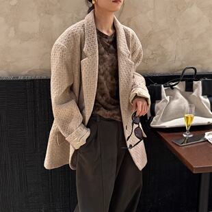 韩系羊毛西装外套女2025秋冬新款洋气宽松网格廓形加厚大衣
