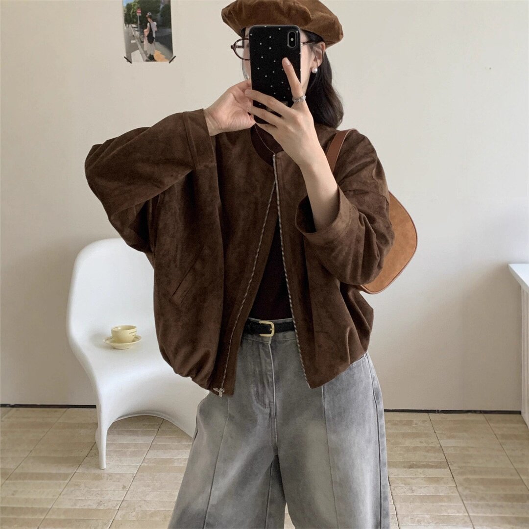 时尚休闲拉链短款女常规宽松型小众秋季短外套