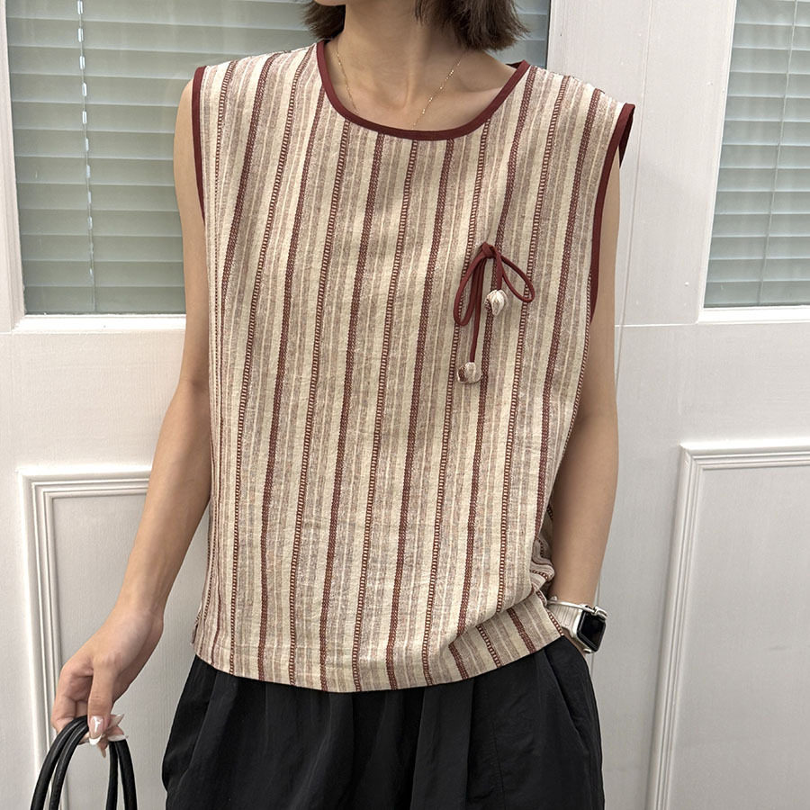 韩系洋气亚麻条纹背心衬衫女夏2026新款设计感宽松百搭上衣潮