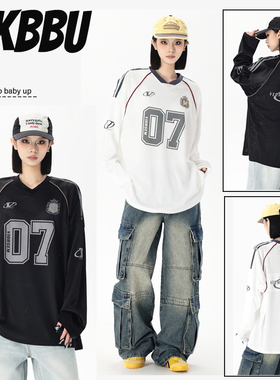 KKBBU美式复古网面球衣字母涂鸦印花长袖t恤男女街头宽松休闲上衣