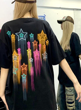 KKBBU2023年夏季美式高街彩色星星印花t恤男女潮牌情侣半袖上衣