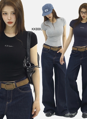 KKBBU美式纯色烫钻正肩短袖t恤女夏季辣妹显瘦弹力修身短款上衣