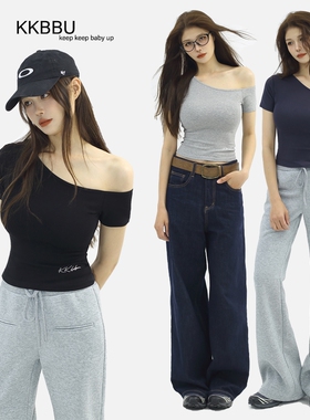 KKBBU美式纯欲斜露肩短袖t恤女夏季新款辣妹显白修身正肩短上衣