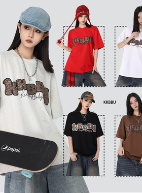 KKBBU美式复古字母短袖T恤男女oversize宽松休闲百搭情侣上衣潮