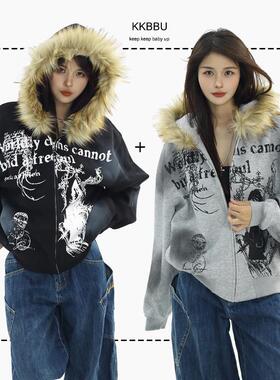 KKBBU美式复古毛领拉链开衫连帽卫衣男女秋冬情侣加绒帽衫外套潮