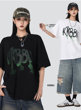 KKBBU美式复古字母印花短袖T恤男女百搭休闲情侣上衣半袖