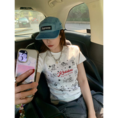 KKBBU美式 百搭圆领上衣 新款 复古斑点狗印花正肩重磅短袖 t恤女夏季