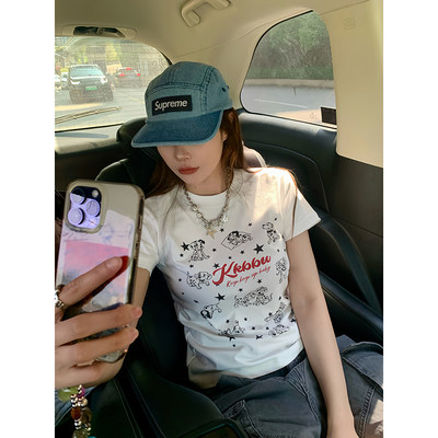 美式复古斑点狗正肩短袖T恤女