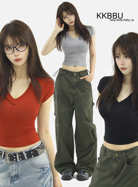 KKBBU美式复古辣妹V领短袖t恤女夏季新款修身显瘦内搭打底衫上衣