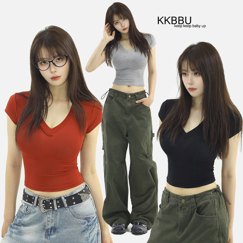 KKBBU美式复古辣妹V领短袖T恤