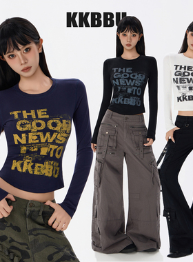 KKBBU美式复古辣妹风字母印花长袖T恤女修身显瘦弹力圆领打底上衣