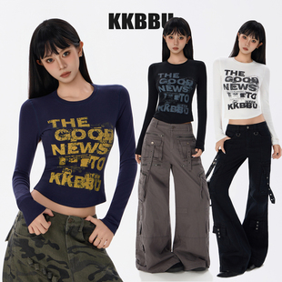 KKBBU美式复古辣妹风字母印花长袖T恤女修身显瘦弹力圆领打底上衣