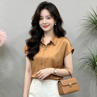 气质高级感翻领衬衫短袖缎面提花时尚百搭显瘦遮肉女上衣