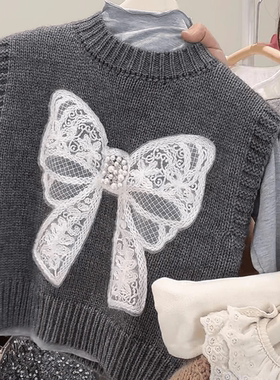 童装2025女童针织马甲秋装珍珠蝴蝶结上衣儿童韩版洋气毛衣背心