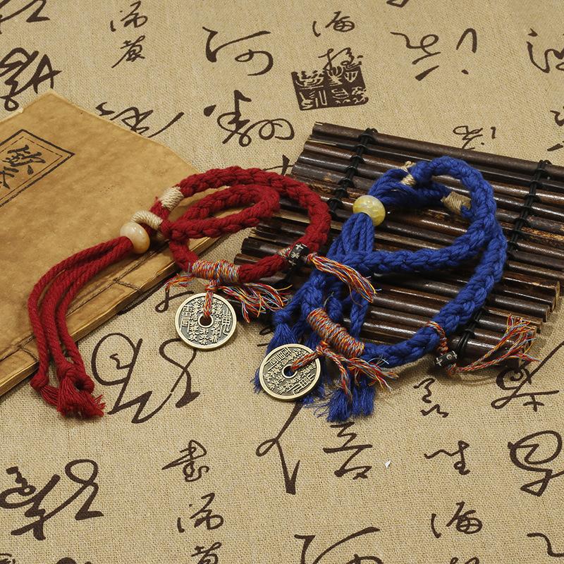 山鬼花钱手绳铜钱纯铜抖音同款复古红绳古风无极双生太极手链情侣