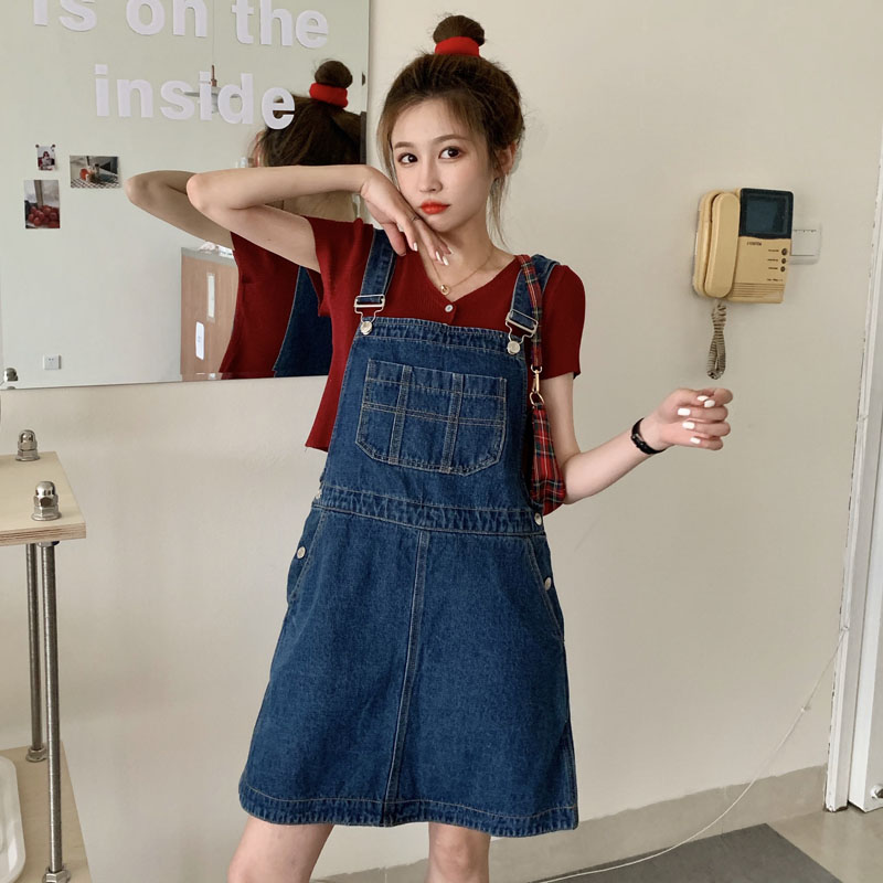 Real auction real price age reduction college style loose casual denim strap skirt