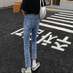 Real shot real price light color back split elastic straight jeans women's pants