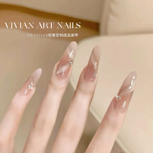 纯欲风裸色渐变纯手工穿戴甲H420款 Vivian小红书同款 茶棕飘带