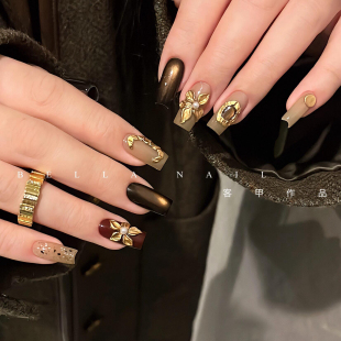 【富贵花】Vivian实拍金属感雕花棕色猫眼气质纯手工穿戴甲127款