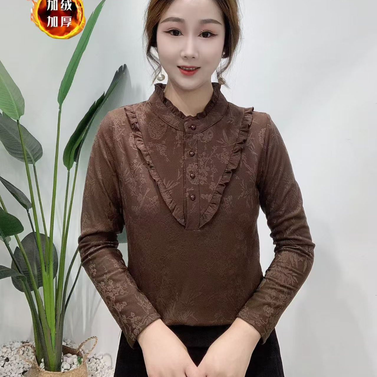 新款洋气衬衫加绒女士减龄显瘦长袖秋冬打底2025时尚衬衣百搭套头