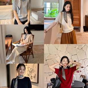 配絲巾 DIGM 簡風松弛感純色圓領(lǐng)寬松顯瘦短袖 針織小衫 含6羊毛