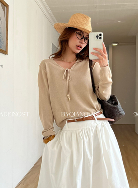 MADEIN OST-26年早春35莱赛尔天丝度假风串珠绑带针织衫