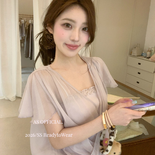AS OFFICIAL-ng自带柔焦美颜——假两件网纱拼接吊带小衫(单卖小