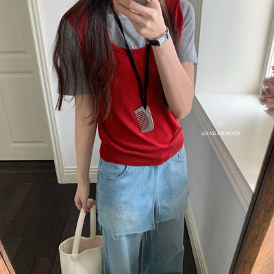 想象SAILORMOON -26年早春韩系拼接假两件休闲显瘦短袖针织衫