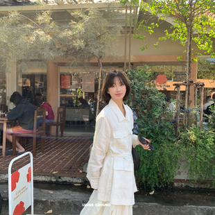 IMISS-新韩标高品质翻领亚麻风衣(配腰带)(麻料有麻结麻点为正常)