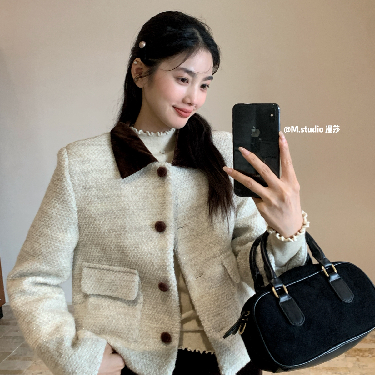 MSTUDIO漫莎-甜心物语丝绒翻领撞色韩系夹棉短外套