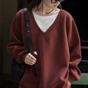 卢浮Sei秋季 上新韩系慵懒松弛感V领假两件卫衣卫衣