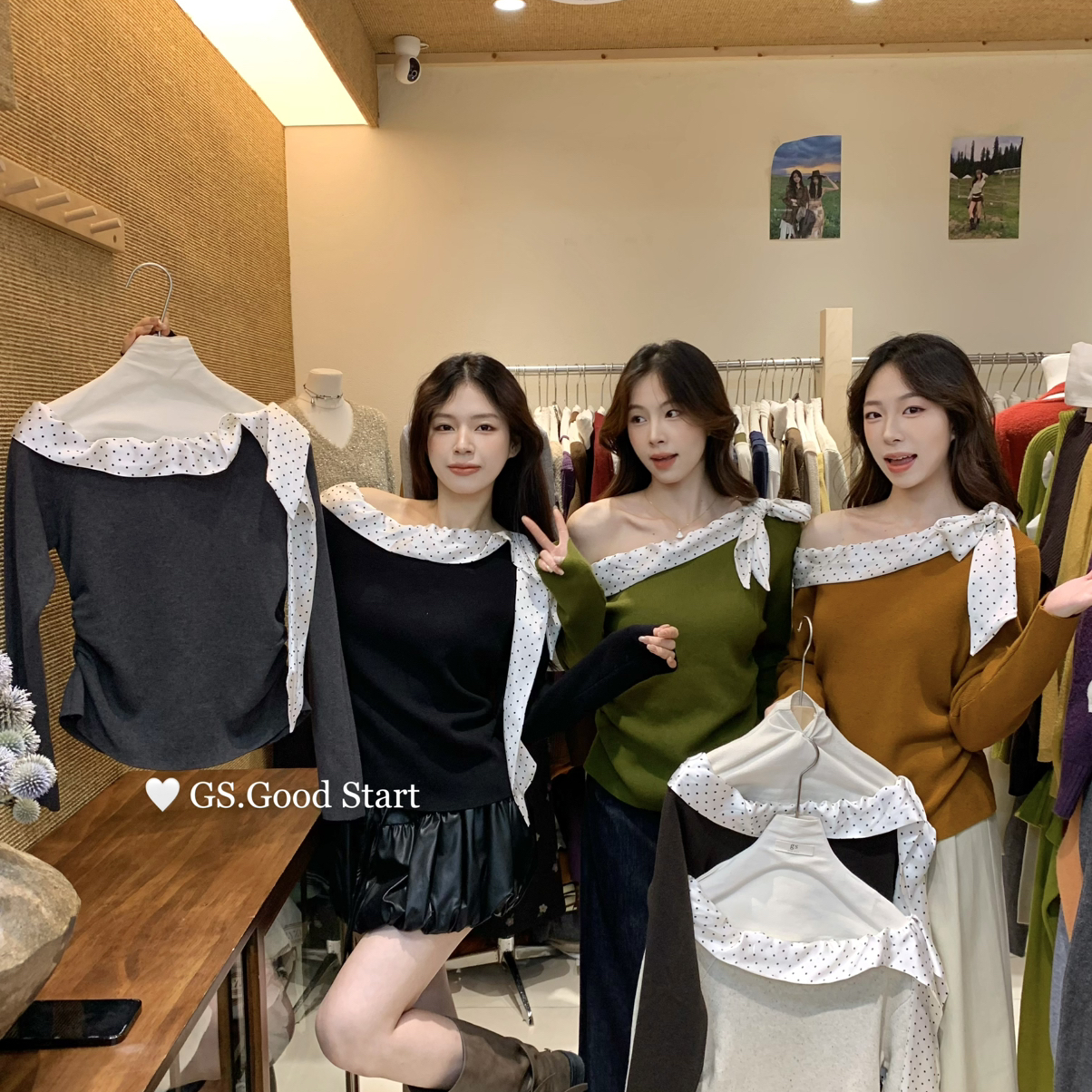 GSGOOD START娇娇女友感up～秋季温柔甜美波点撞色斜肩针织小衫