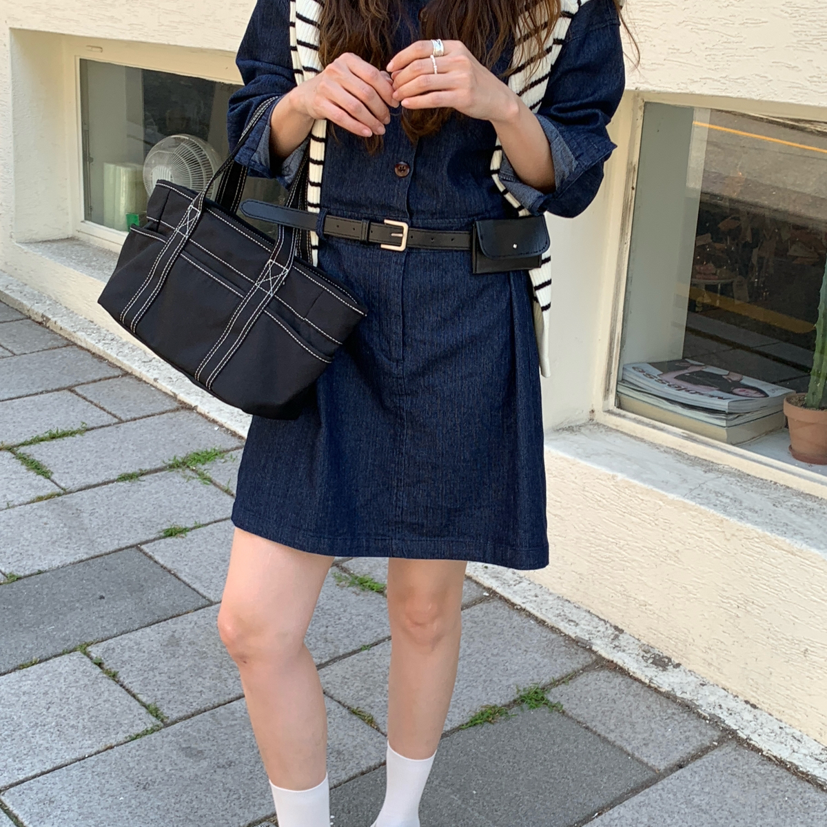 KITTIN-标WITHYOU|chic复古百搭翻领宽松牛仔连衣裙(配包包腰带)