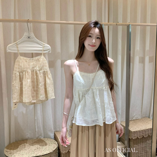 AS OFFICIAL-行时镇店之作古早感柔欲白开水氛围蕾丝钩花吊带小衫