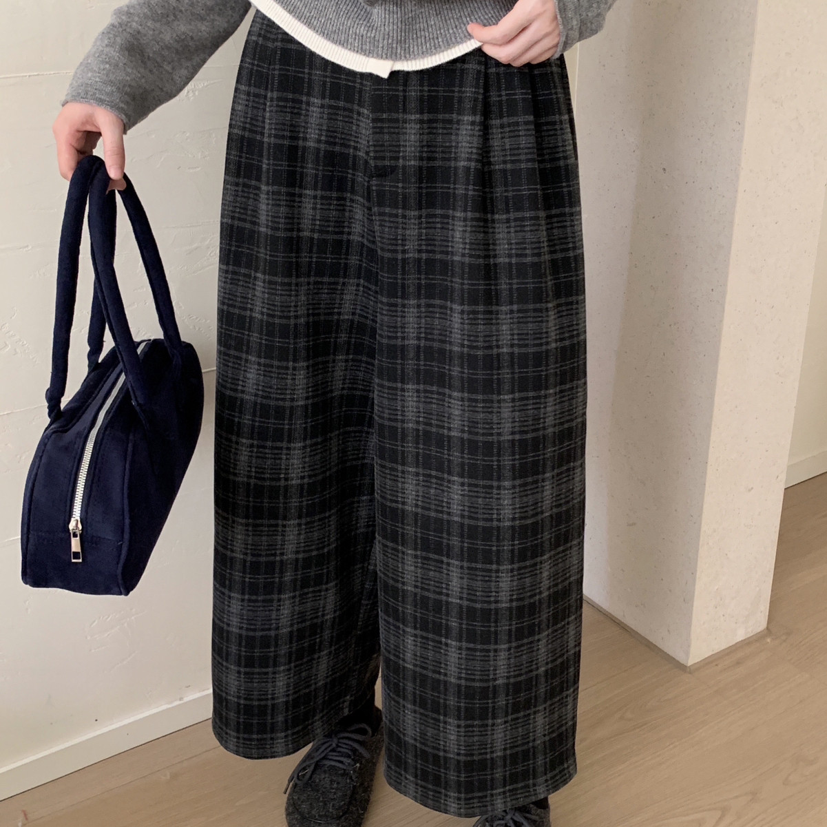 MUUTIS牧缇-爆款格纹裤冬上新韩系简约时尚格子阔腿宽松休闲裤
