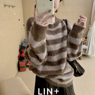 LIN 配羊驼毛慵懒磨破条纹拉毛复古套头保暖毛衣