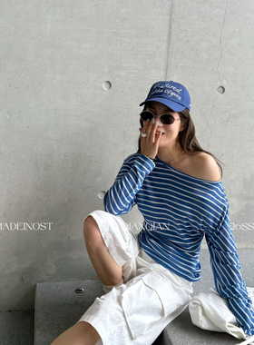 MADEIN OST-26年早春裸感亲肤可斜肩收腰条纹长袖T恤