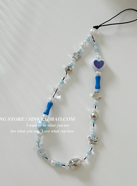 韩国ins蓝色爱心珍珠手机链短款串珠链条ccd相机挂绳少女手腕挂饰