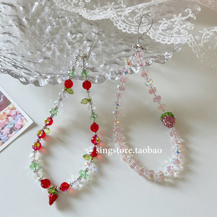 韩国ins轻奢水钻草莓手机链短款串珠链条ccd相机挂绳少女手腕挂饰