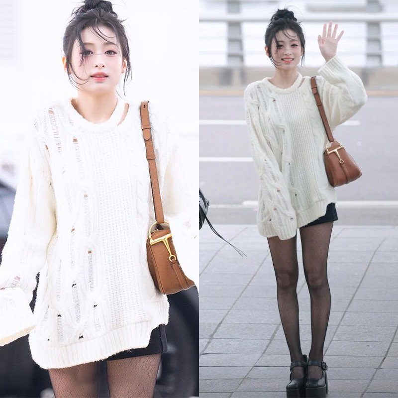 [每日上新]郑同款破洞宽松潮牌毛衣慵懒风不规则麻花毛织上衣