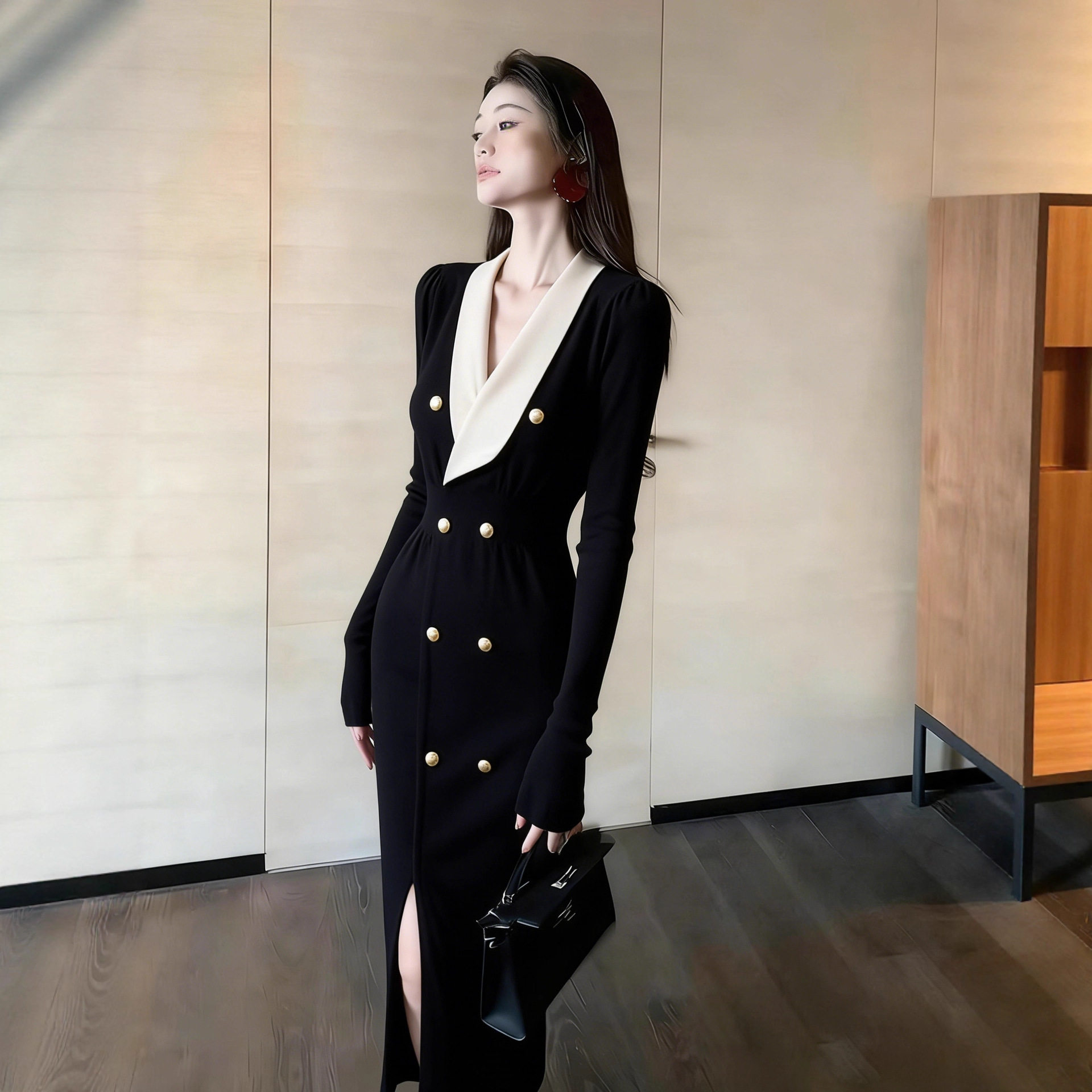 气质名媛黑色连衣裙2025冬季简单大方高级感上班通勤法式掐腰长裙