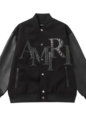 跨境潮牌amri贴皮刺绣字母毛呢立领棒球服男女美式高街皮袖外套