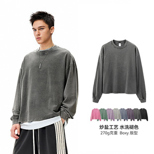 美式 捷展男装 新品 T恤25秋季 复古纯棉270G做旧水洗T 炒盐Boxy长袖