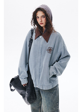 STAFFPICK美式撞色条纹翻领百搭夹克男女春秋复古学院风外套上衣