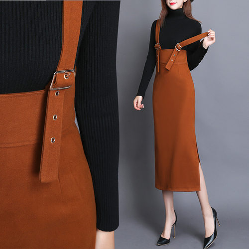 毛呢背带裙秋冬吊带长裙收腰包臀裙侧开叉半身裙热销女装一件代发