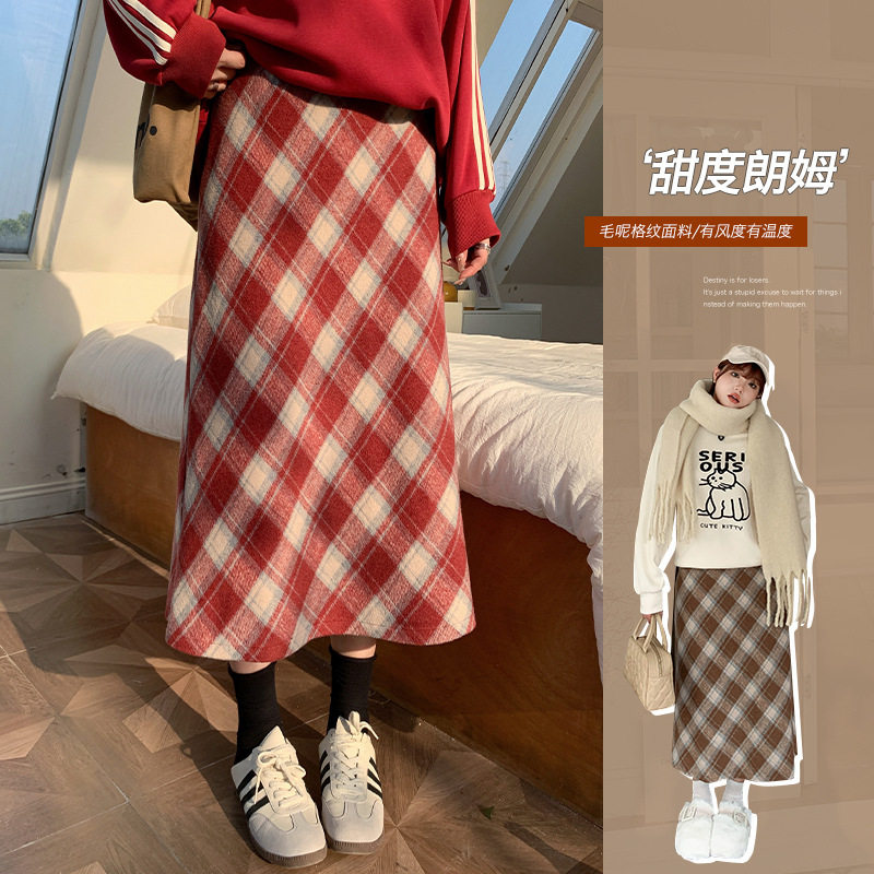 大码女装新品直筒毛呢中长款裙子胖mm大码A字美式复古格子半身裙