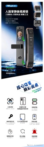 惠氏10号人脸掌静脉双电三摄像头智能门锁指纹锁上门安装全钢锁体